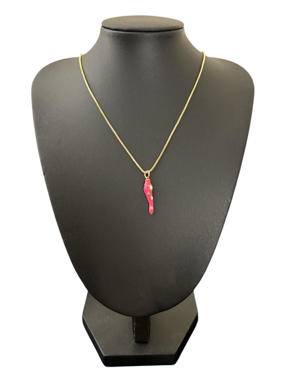 Pink Enamel Italian Cornicello Necklace on Gold Plated Stainless Steel Box Chain - Picture 3 of 3